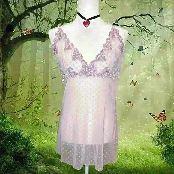 Vintage Y2K Mesh Polka Dot Purple Lace Mini Dress By Cinema Etoile Size Medium - Picture 1 of 8